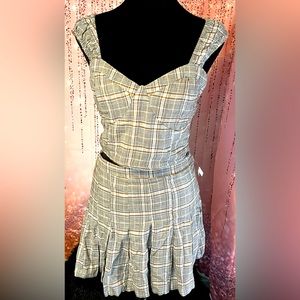 Brown Plaid Strappy Cropped Top and Pleated Mini Skirt